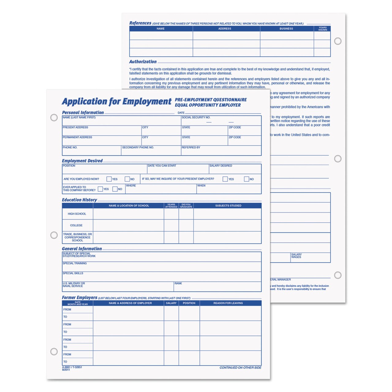 TOPS Employee Application Form 8.38 x 11 1/Page 50 Forms/Pad 2 Pads/Pack